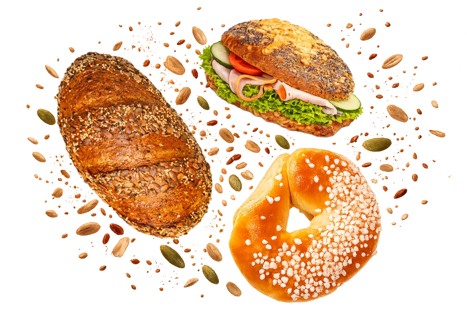 Drei Brotsorten: ein Körnerbrot, ein belegtes Brötchen mit Salat, Tomate, Gurke, Schinken und Käse auf einem Körnerbrötchen und ein Zuckerweck, das mit grobem Zucker bestreut ist.